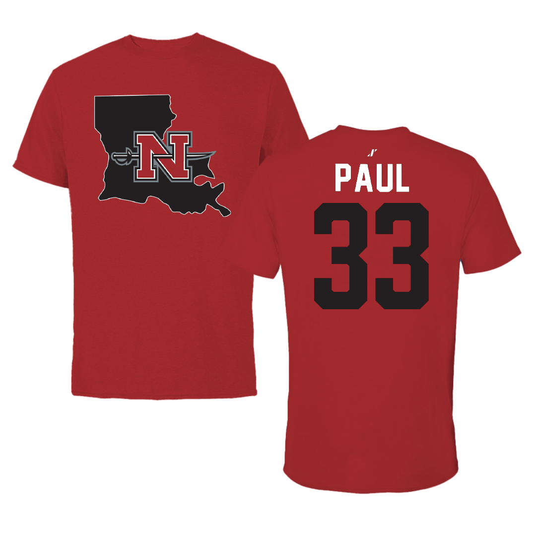 Nicholls State University Football Canvas Red State Tee - #33 Kyler Paul