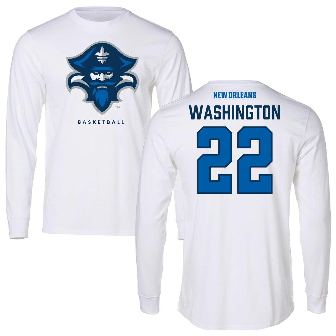 University of New Orleans Basketball White Performance Long Sleeve - #22 Darrius Washington