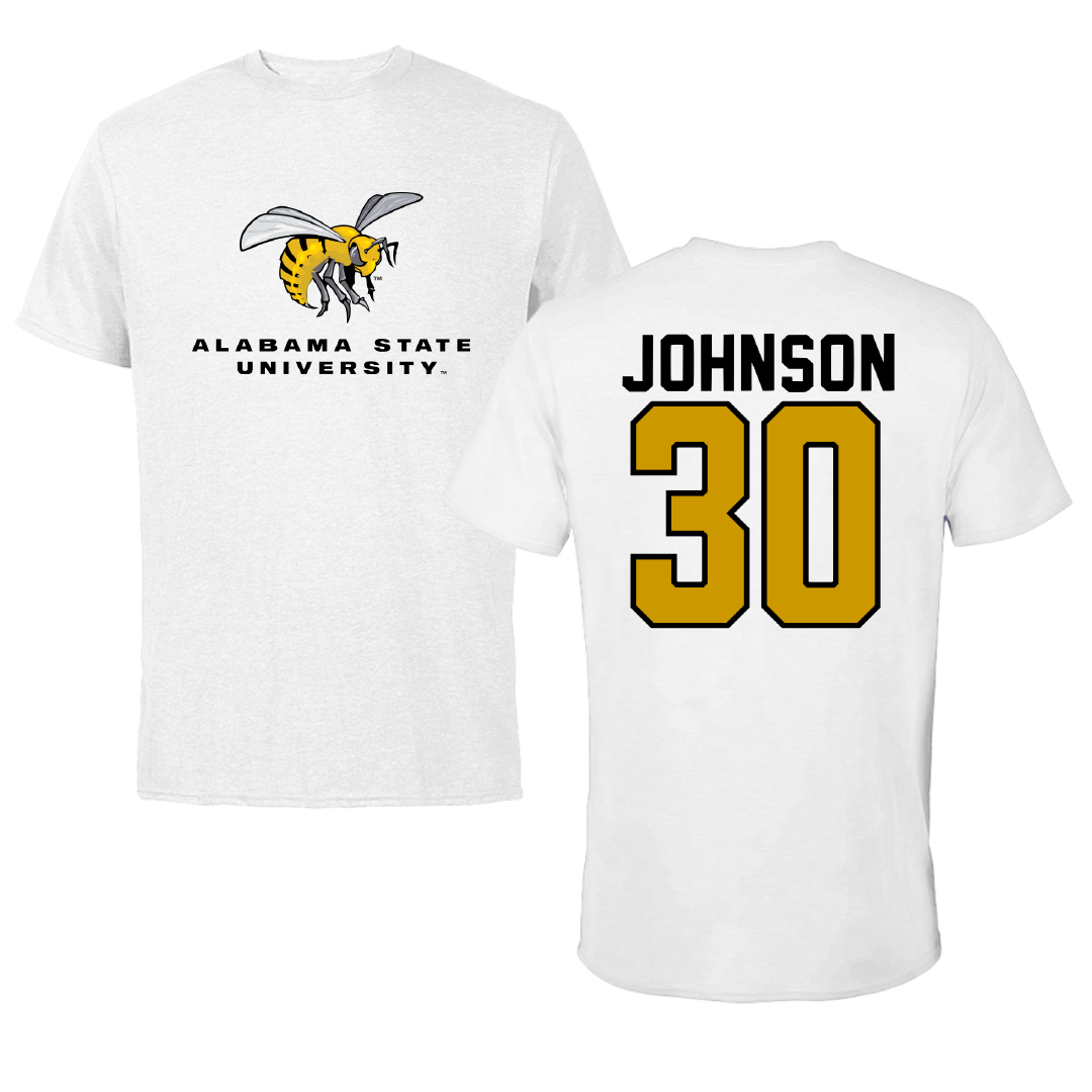 Alabama State University Football White Performance Tee - #30 Ethan Johnson
