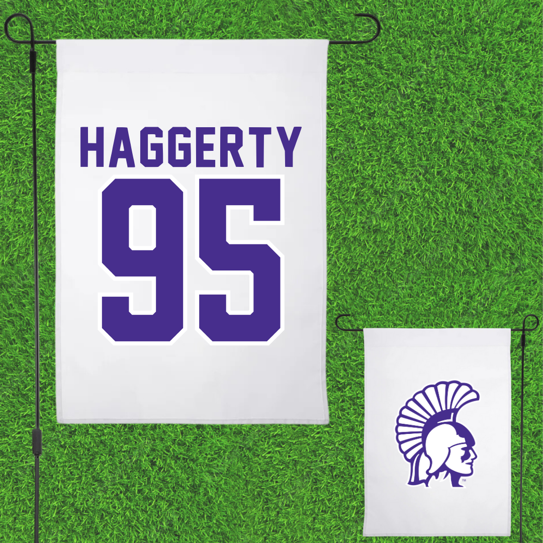 Winona State University Football White Garden Flag - #95 Conner Haggerty