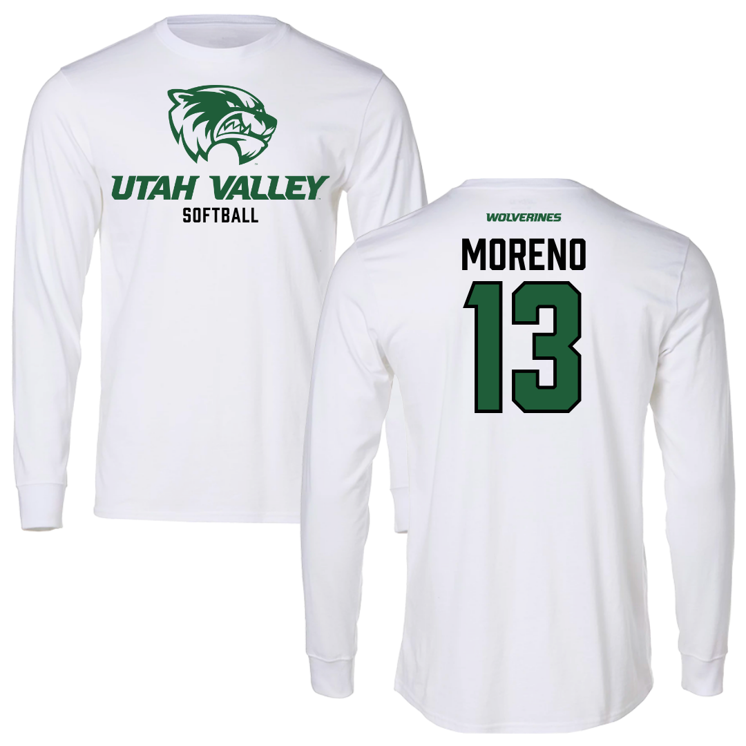Utah Valley University Softball White Performance Long Sleeve - #13 Britney Moreno