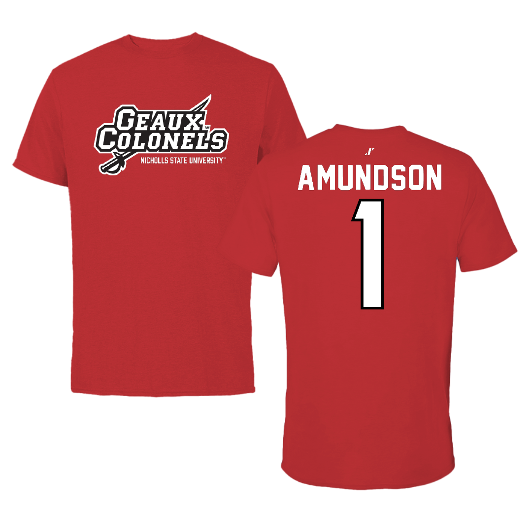 Nicholls State University Baseball Red General Performance Tee - #1 Kaden Amundson