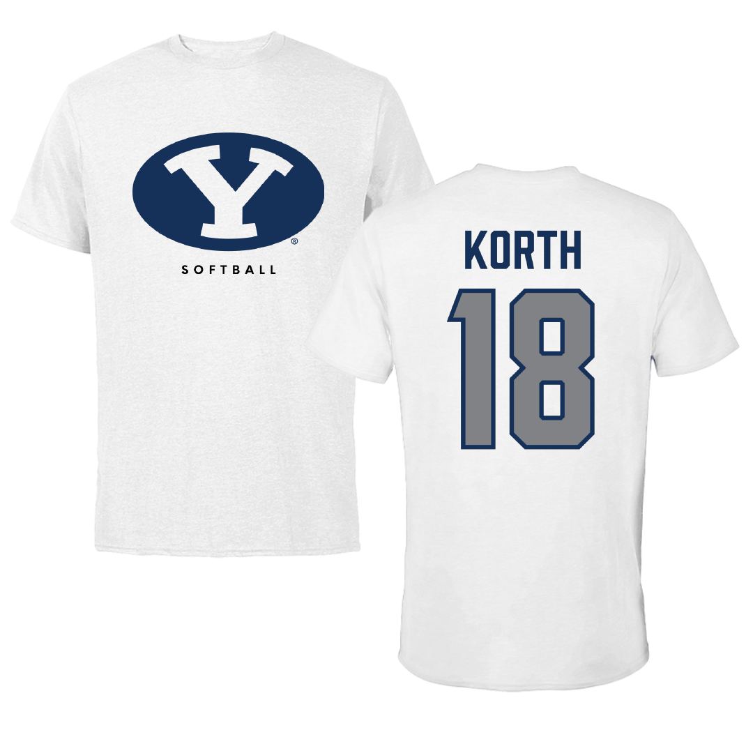 Brigham Young University Softball White Performance Tee - #18 Kaysen Korth