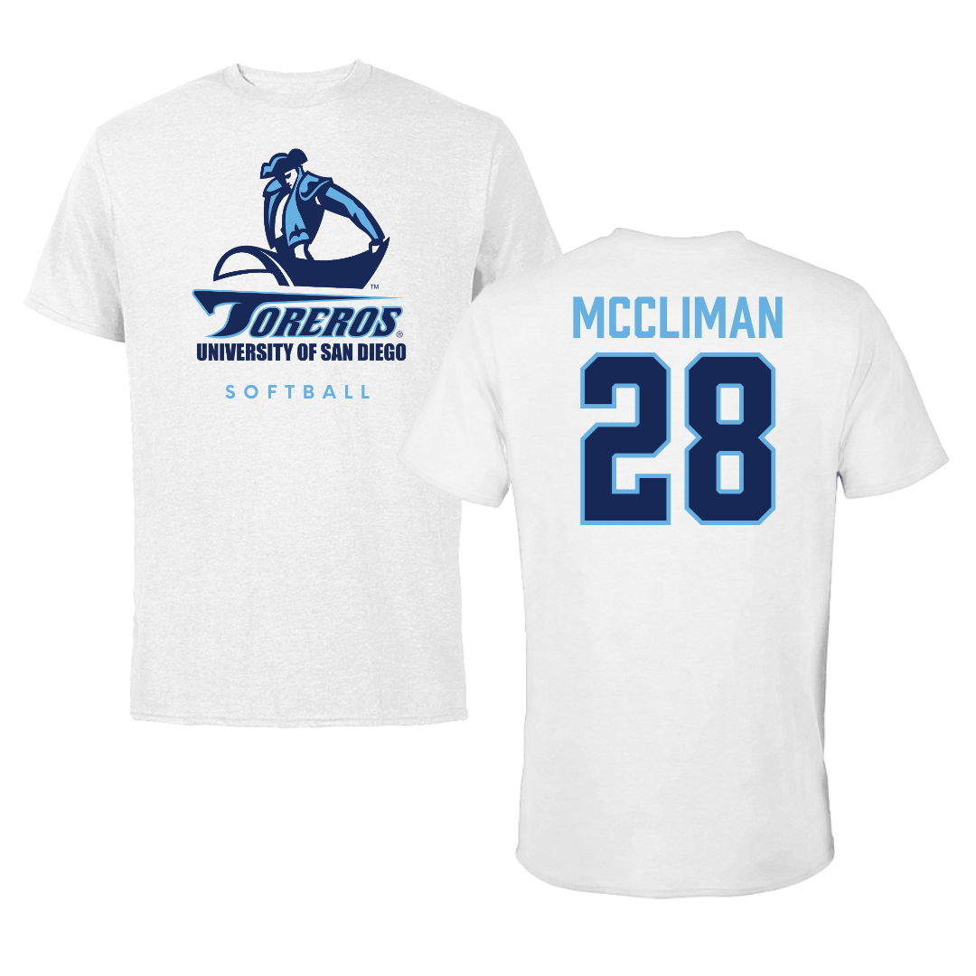 University of San Diego Softball White Performance Tee - #28 Natalie McCliman