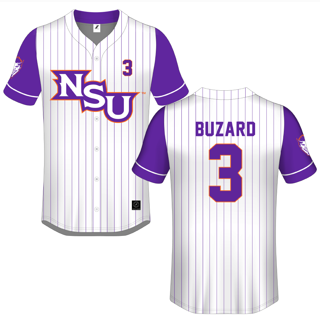 Northwestern State University White Pinstripe Button-Down Jersey - #3 Lathen Buzard