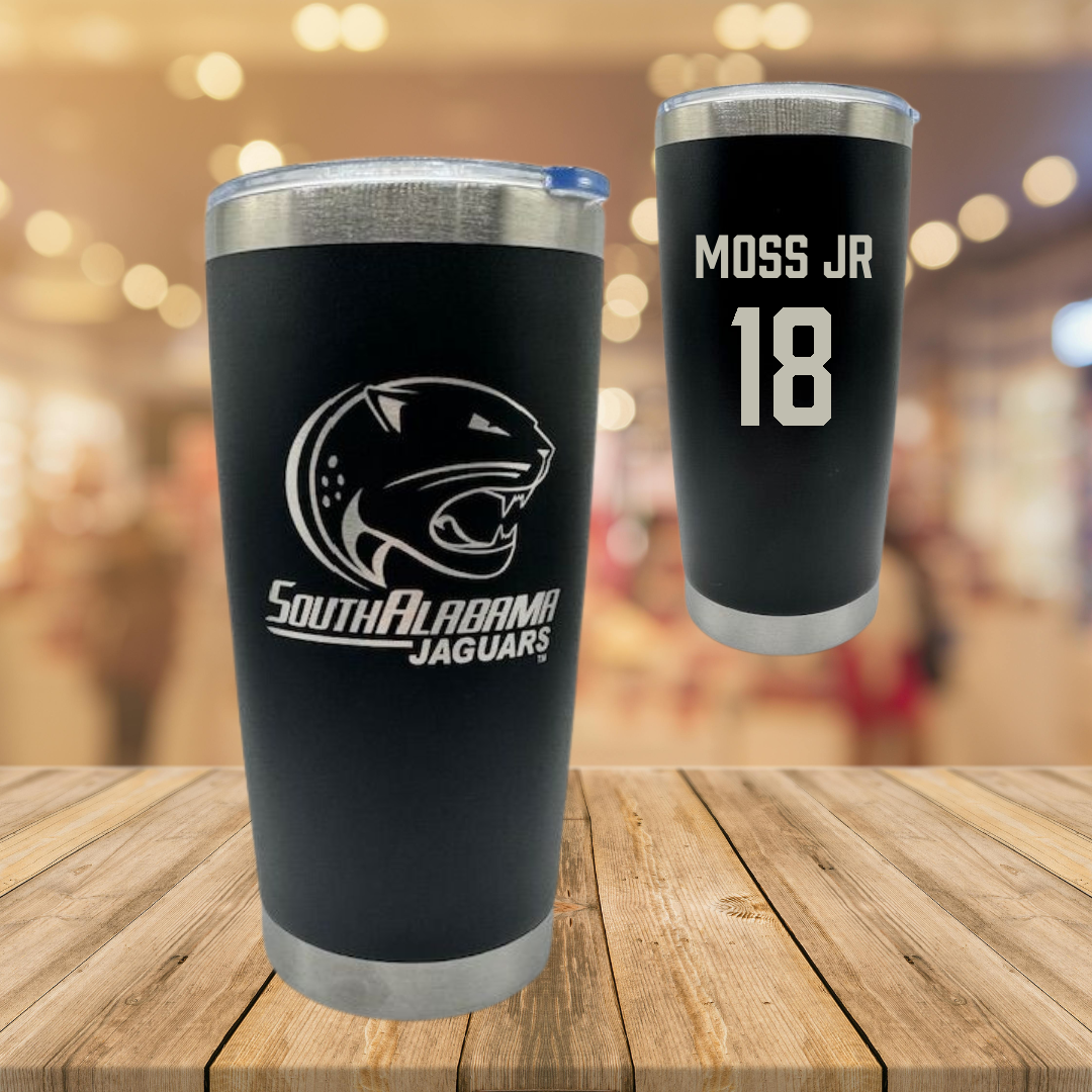 University of South Alabama Football Black Stainless Steel Tumbler - #18 RJ Moss Jr