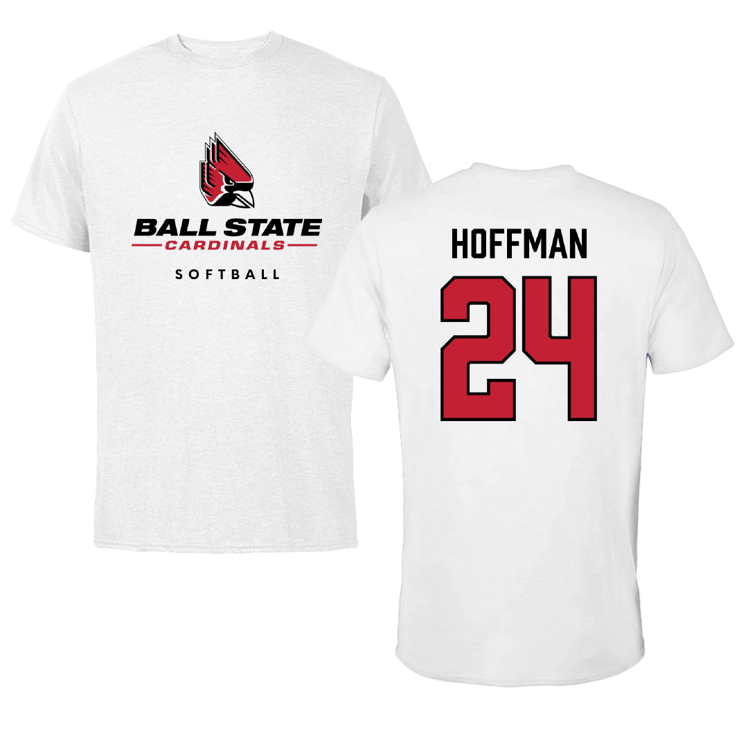 Ball State University Softball White Performance Tee - #24 Jessica Hoffman