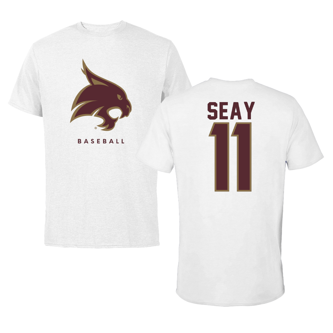 Texas State University Baseball White Tee - #11 Taylor Seay