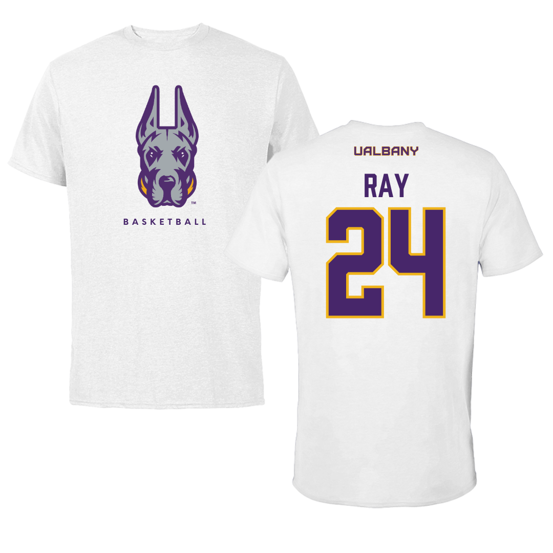 University at Albany Basketball White Mascot Tee - #24 Abby Ray