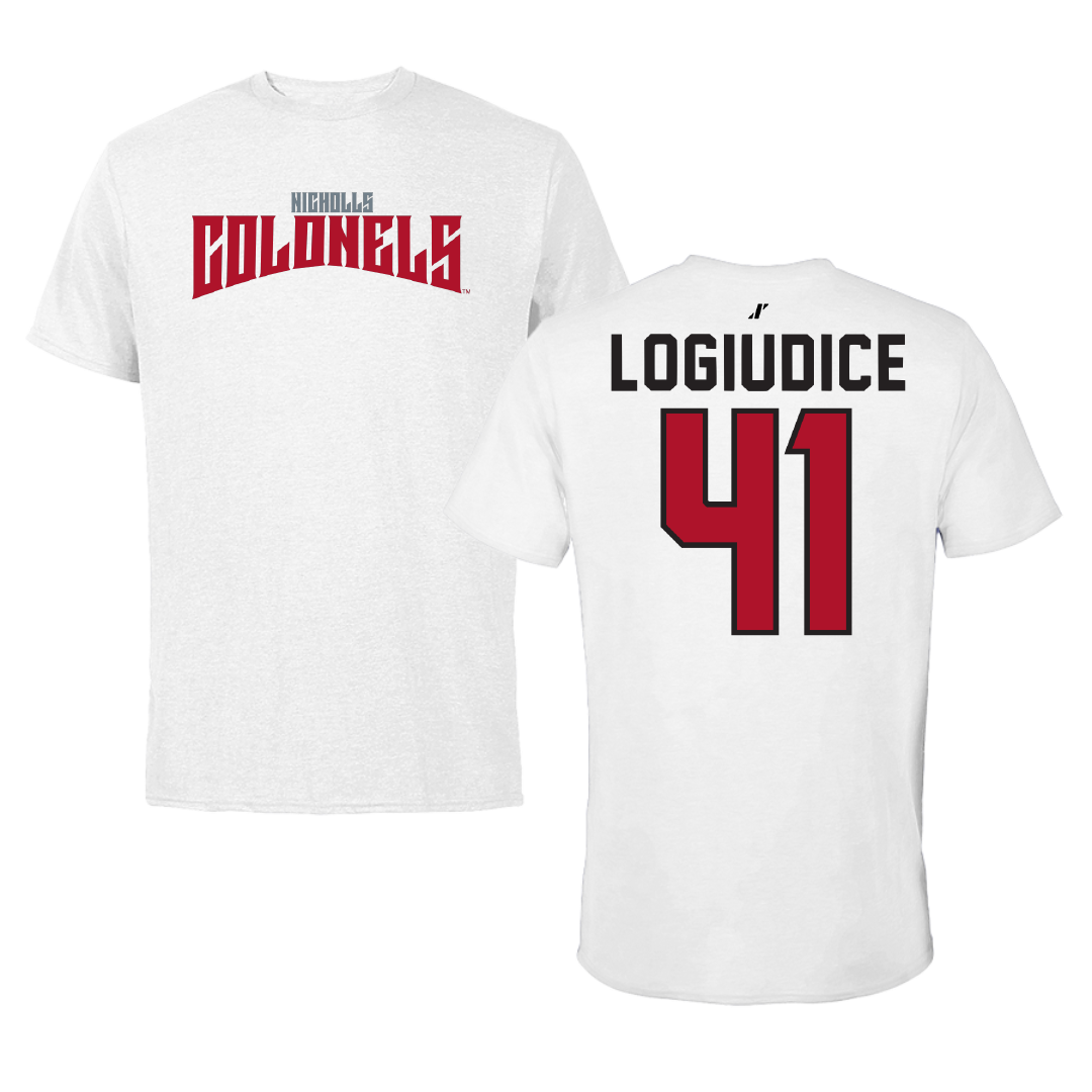Nicholls State University Football White Classic Performance Tee - #41 Dominic LoGiudice