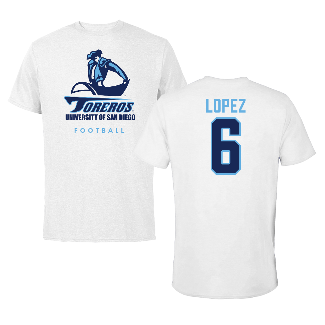 University of San Diego Football White Performance Tee - #6 Ruben Lopez