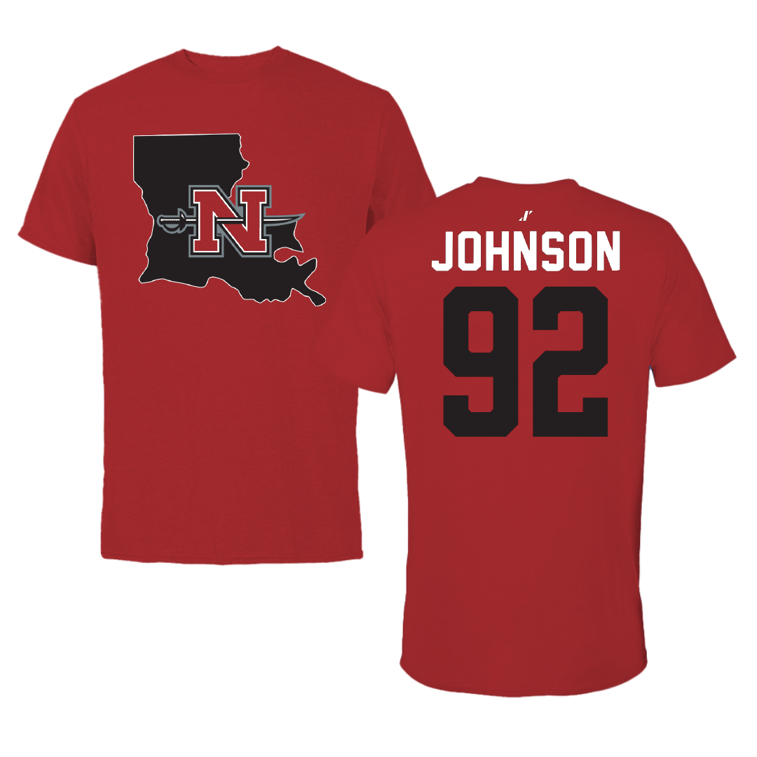 Nicholls State University Football Canvas Red State Tee - #92 Joshua Johnson