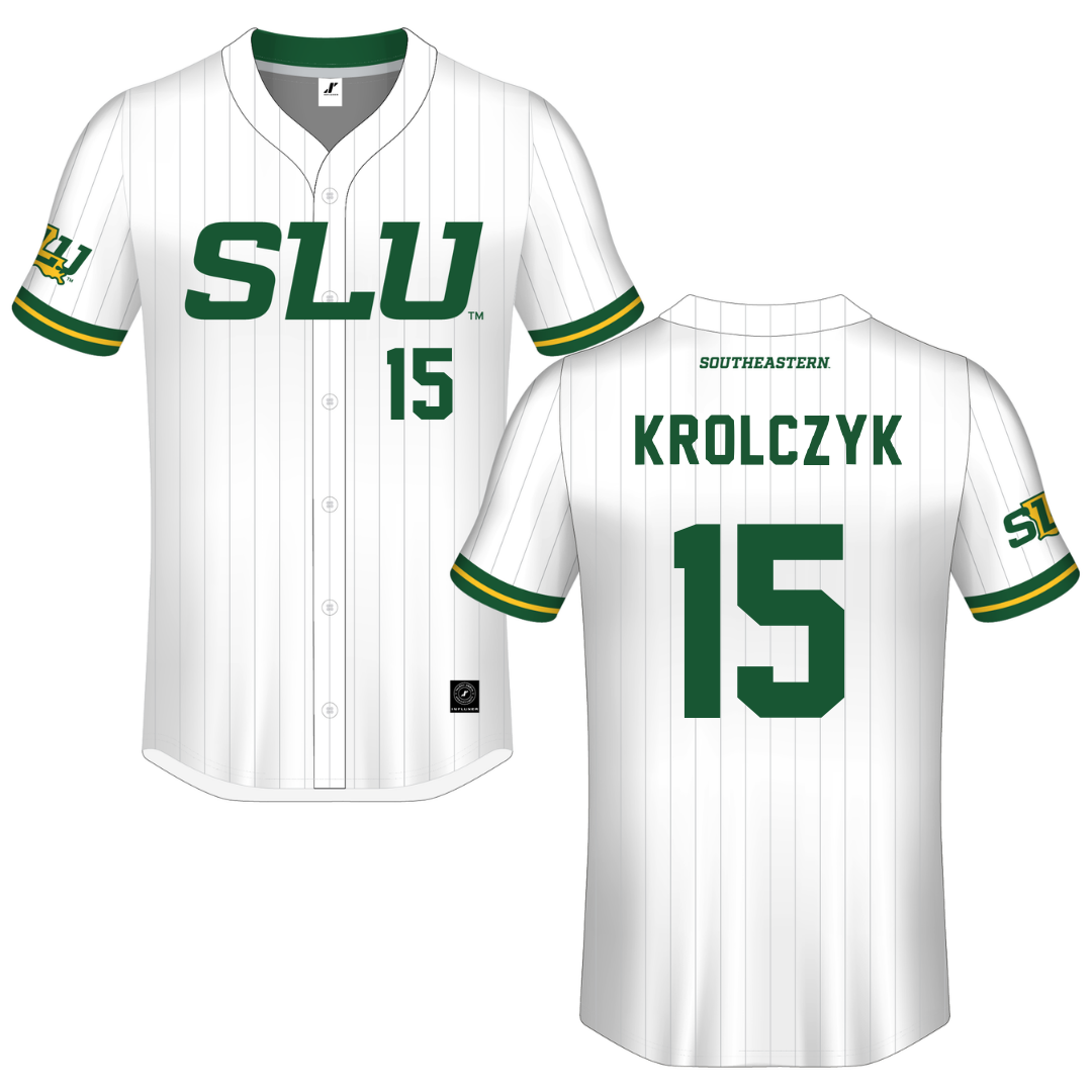 Southeastern Louisiana University White Pinstripe Button-Down Jersey - #15 Bailey Krolczyk