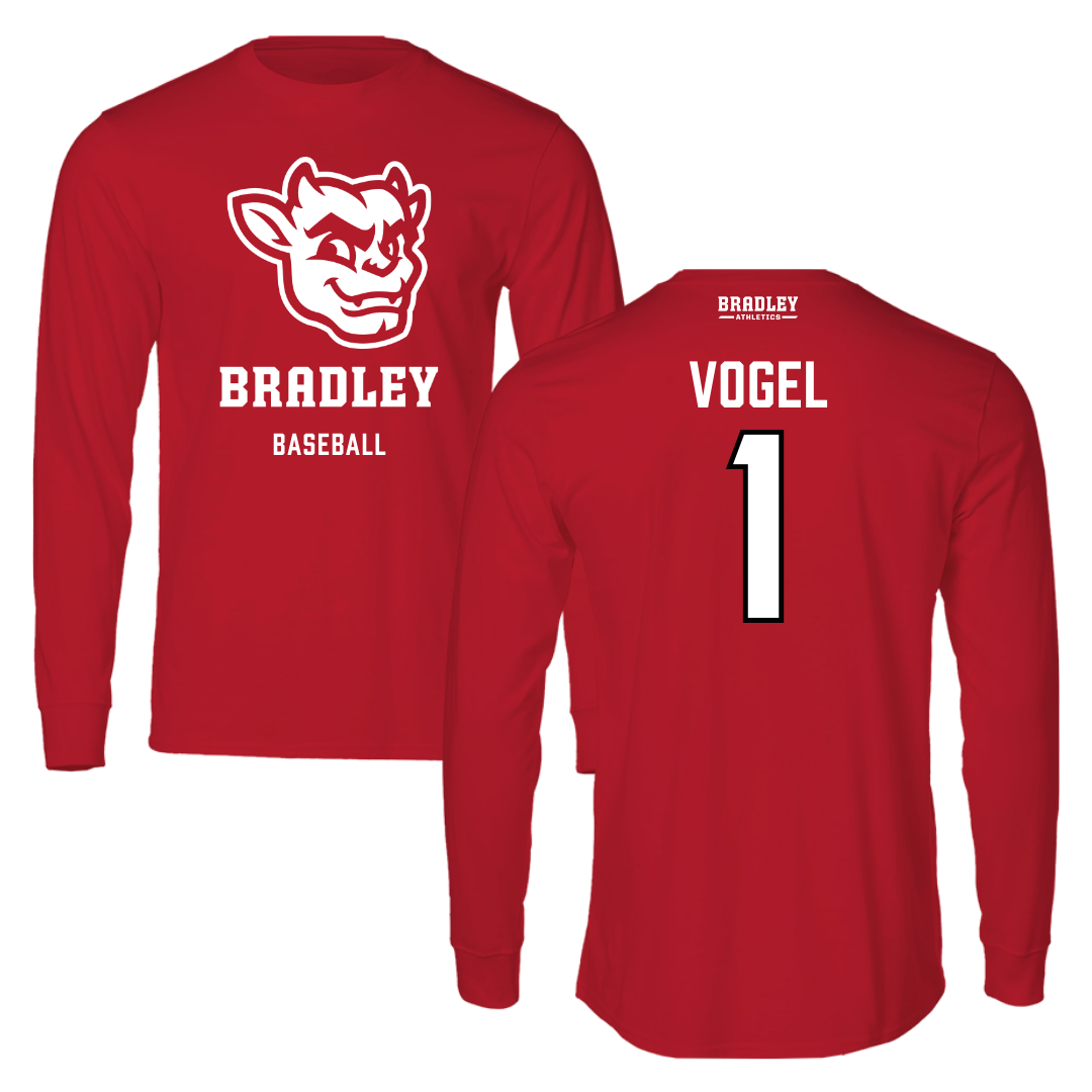 Bradley University Baseball Red Mascot Performance Long Sleeve - #1 Ryan Vogel