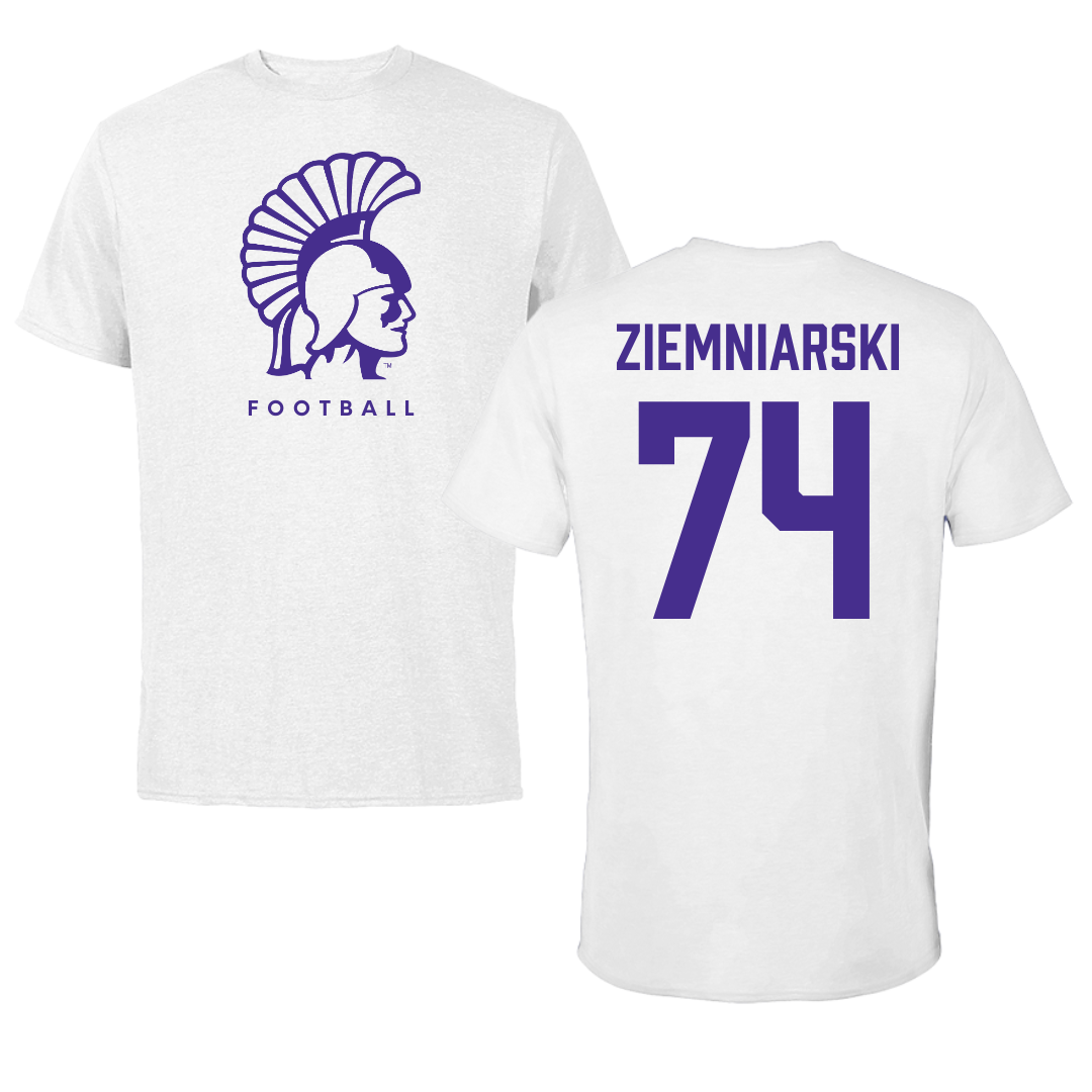 Winona State University Football White Tee - #74 Jake Ziemniarski