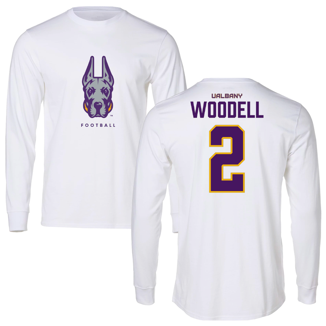 University at Albany Football White Performance Long Sleeve - #2 Griffin Woodell