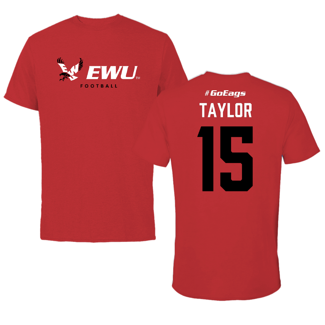 Eastern Washington University Football Red Block Performance Tee - #15 Jared Taylor