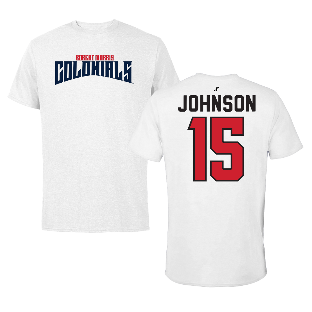 Robert Morris University Basketball White Classic Performance Tee - #15 Natalie Johnson