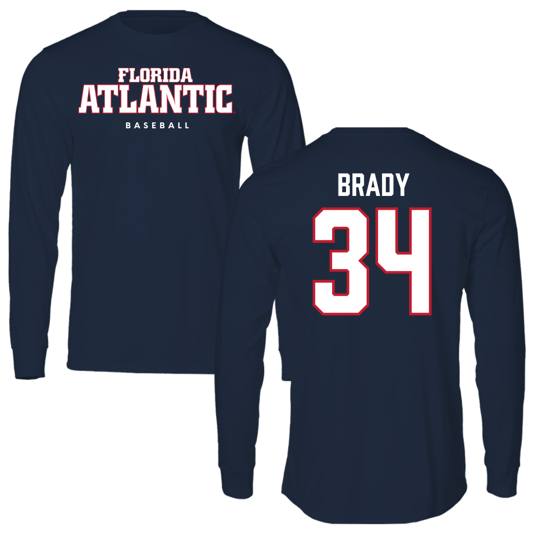 Florida Atlantic University Baseball Navy Block Long Sleeve - #34 Carter Brady