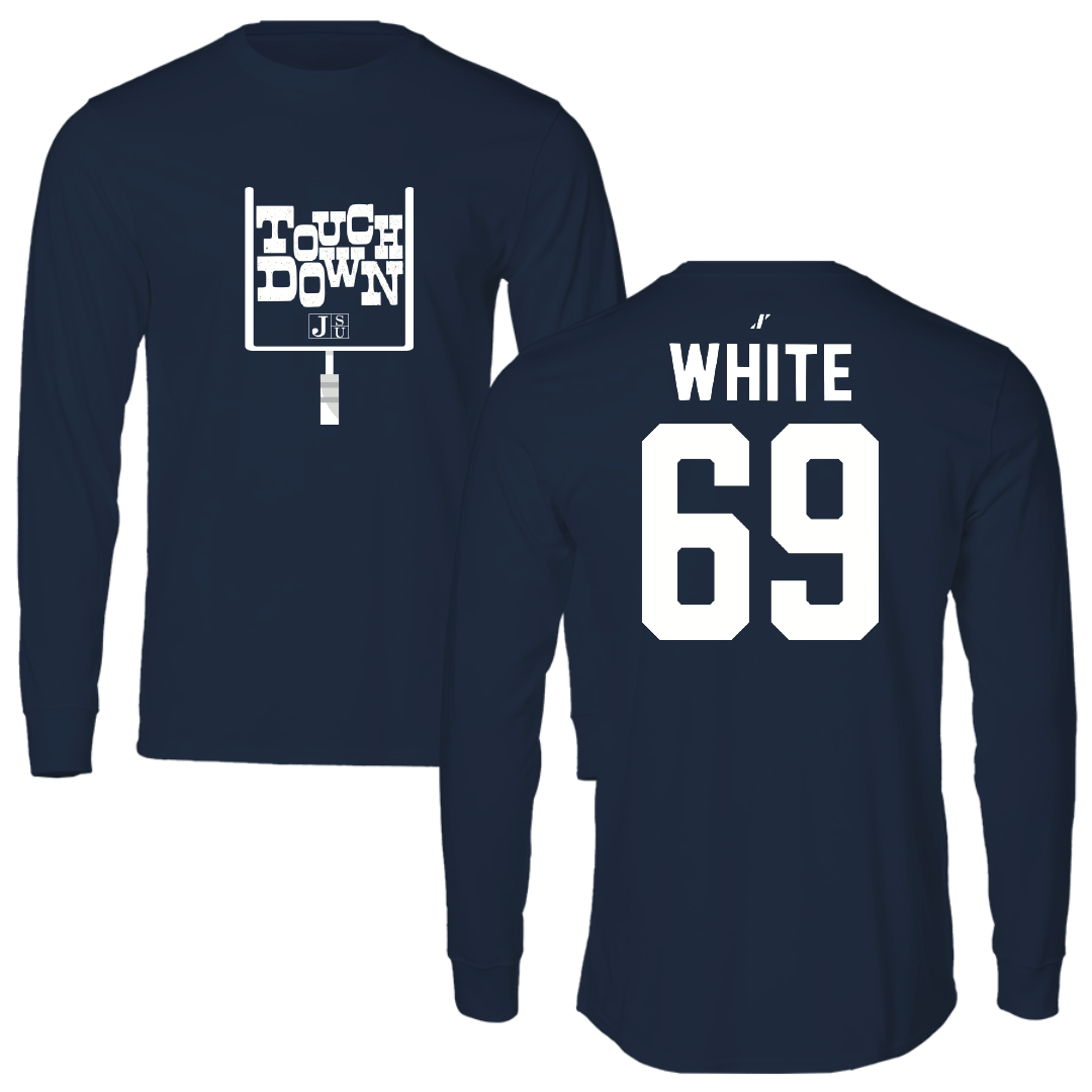 Jackson State University Football Navy Touchdown Long Sleeve - #69 Dequarious White