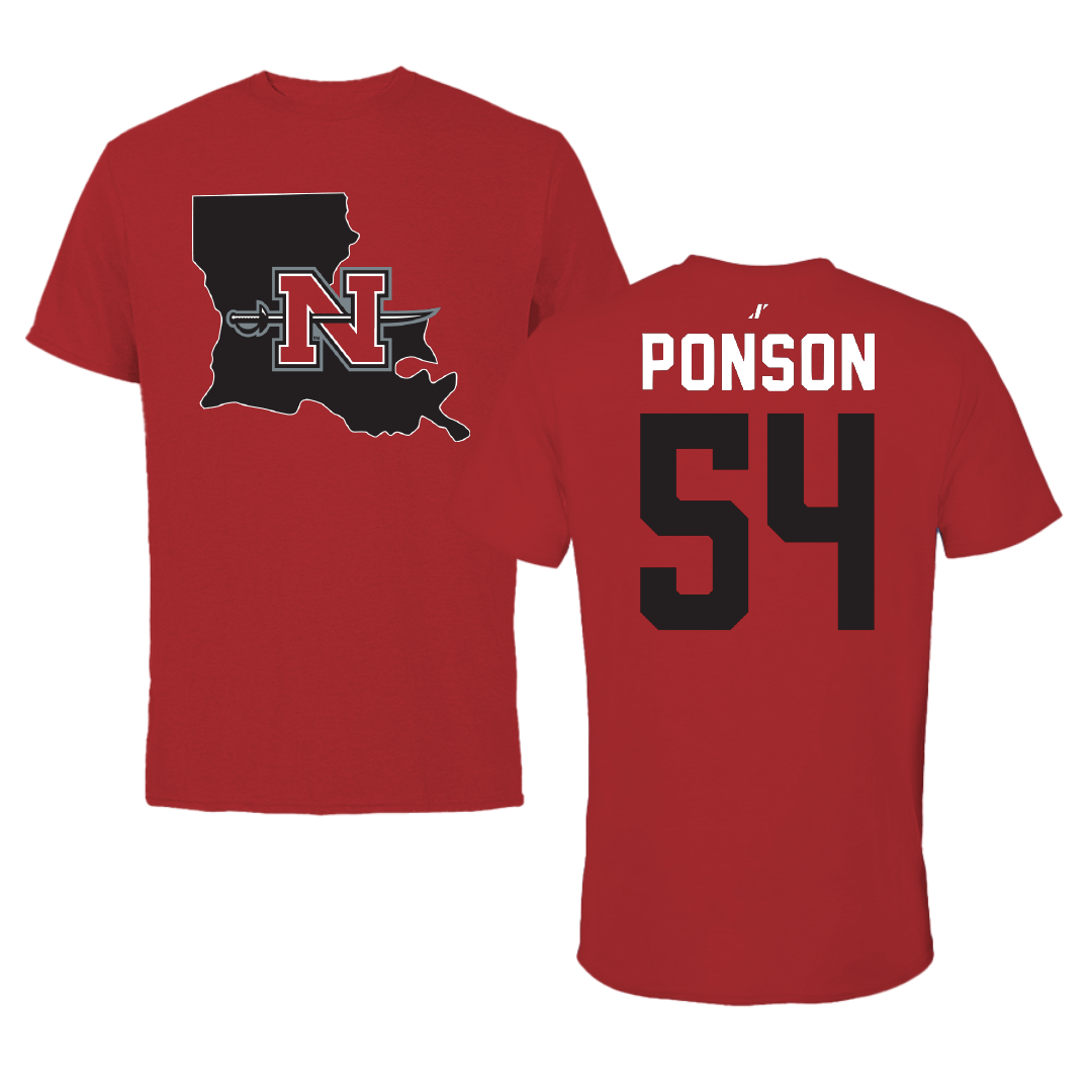 Nicholls State University Football Canvas Red State Tee - #54 Aaron Ponson