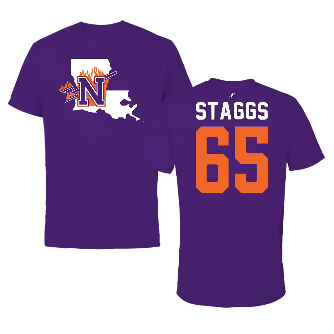Northwestern State University Football Purple State Tee - #65 Brayden Staggs
