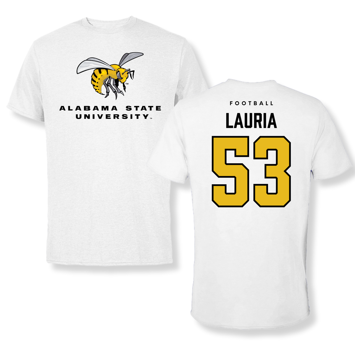 Alabama State University Football White Tee - #53 Thomas Lauria