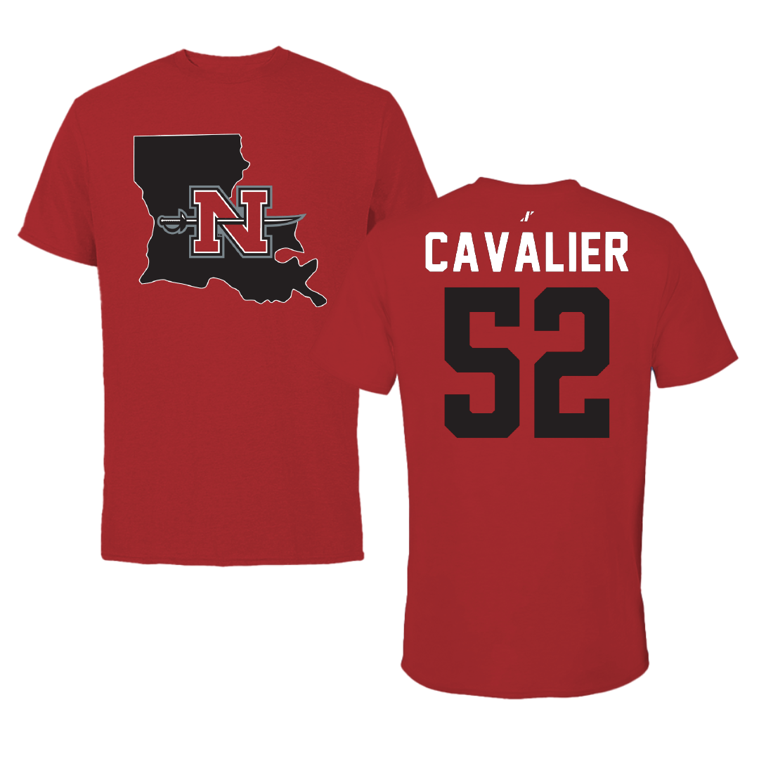 Nicholls State University Football Canvas Red State Tee - #52 Andrew Cavalier