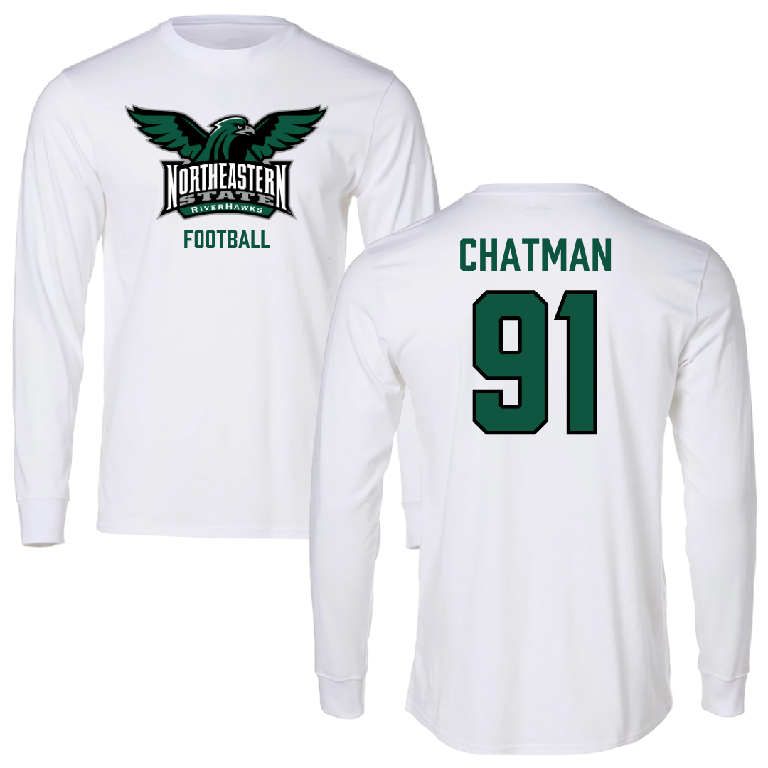 Northeastern State University Football White Performance Long Sleeve - #91 Marquez Chatman