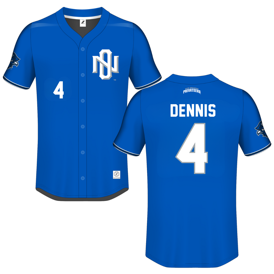 University of New Orleans Blue Button-Down Jersey - #4 Cortez Dennis