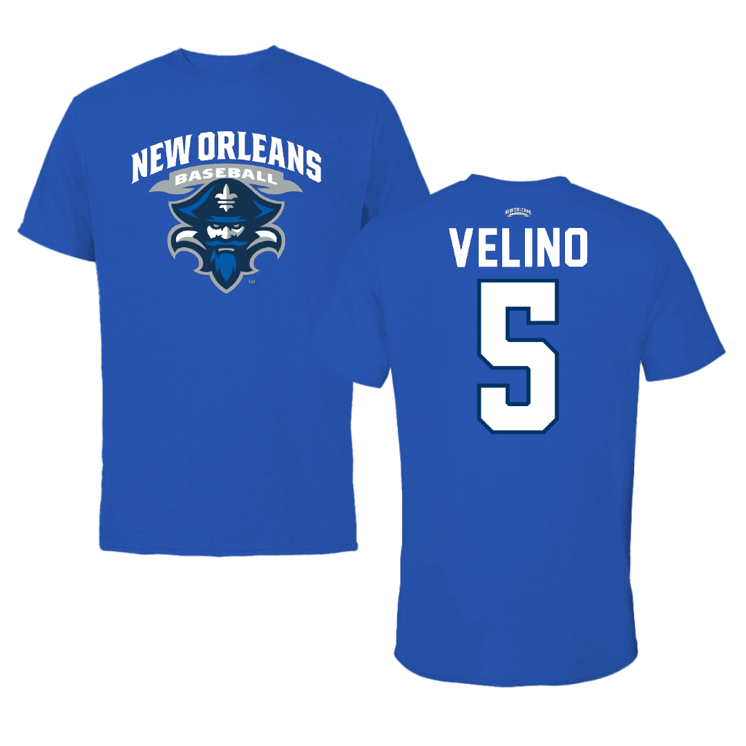 University of New Orleans Baseball Blue Mascot Tee - #5 Tyler Velino