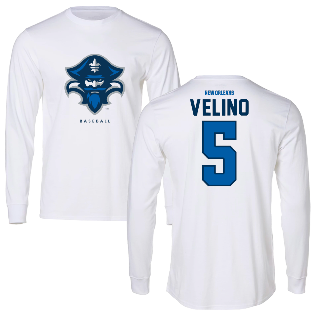 University of New Orleans Baseball White Long Sleeve - #5 Tyler Velino