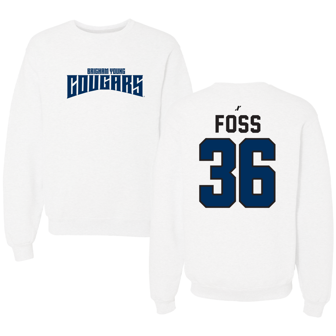 Brigham Young University Baseball White Classic Crewneck - #36 Carter Foss