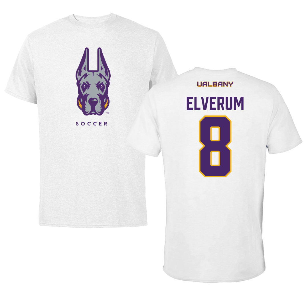 University at Albany Soccer White Mascot Tee - #8 Selma Elverum