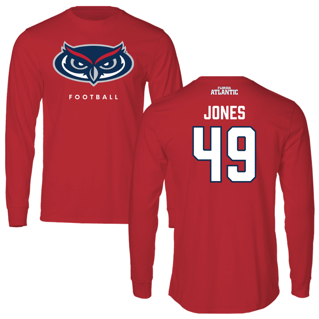Florida Atlantic University Football Red Long Sleeve - #49 Chris Jones