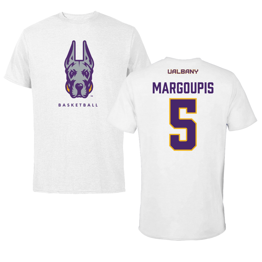 University at Albany Basketball White Mascot Tee - #5 Jack Margoupis