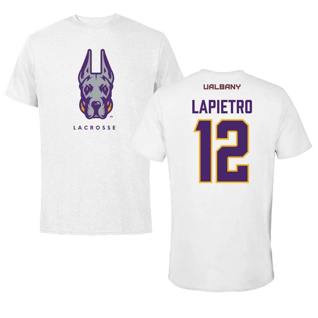 University at Albany Lacrosse White Mascot Tee - #12 Darien LaPietro