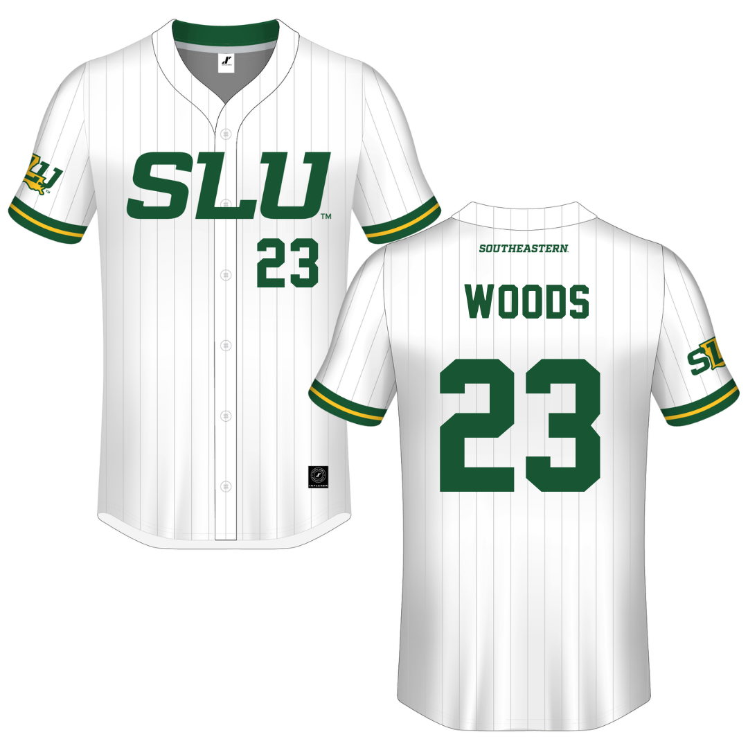 Southeastern Louisiana University White Pinstripe Button-Down Jersey - #23 Peyton Woods