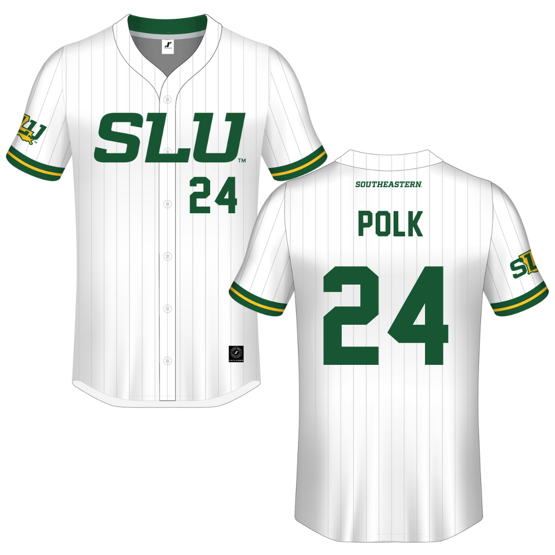 Southeastern Louisiana University White Pinstripe Button-Down Jersey - #24 Lakin Polk