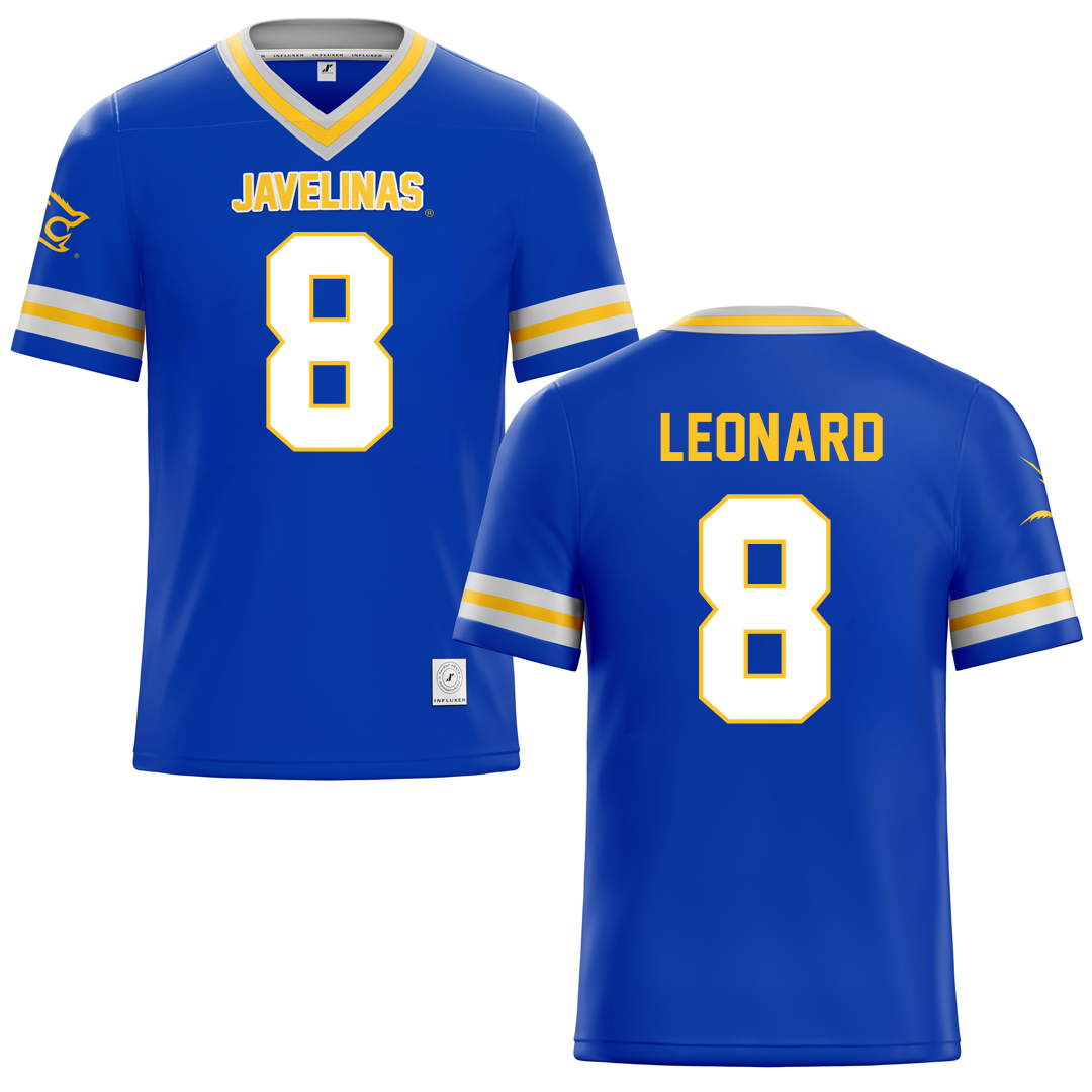 Texas A&M University-Kingsville Blue Football Jersey - #8 Khalen Leonard
