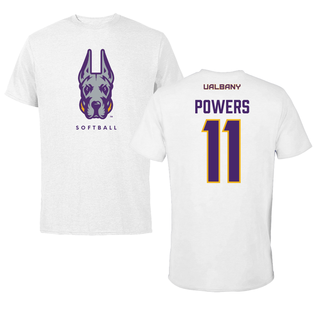 University at Albany Softball White Mascot Tee - #11 Kate Powers