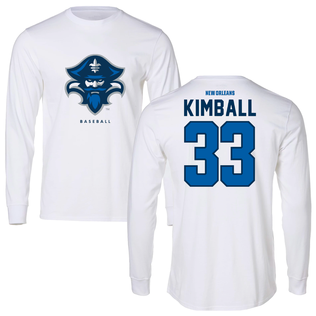 University of New Orleans Baseball White Performance Long Sleeve - #33 Carson Kimball
