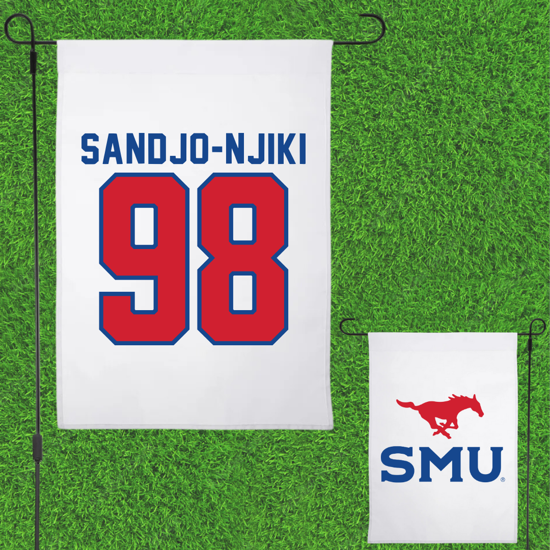 Southern Methodist University Football White Garden Flag - #98 Mike Sandjo-Njiki