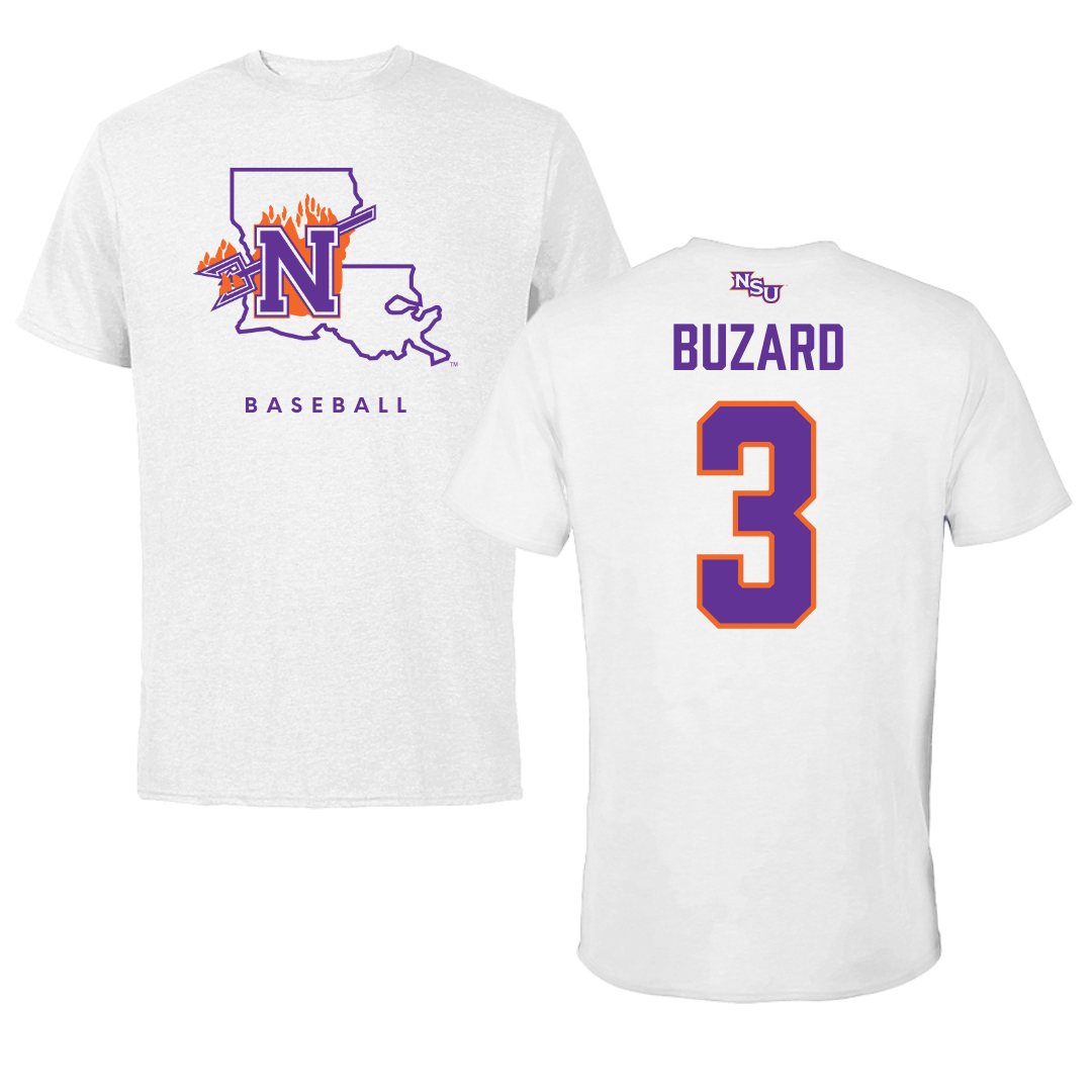 Northwestern State University Baseball White Performance Tee - #3 Lathen Buzard