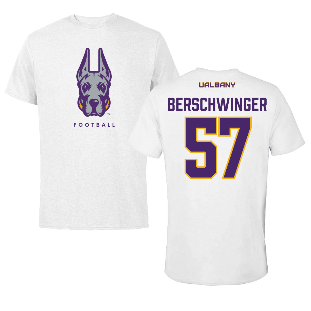 University at Albany Football White Mascot Tee - #57 Troy Berschwinger