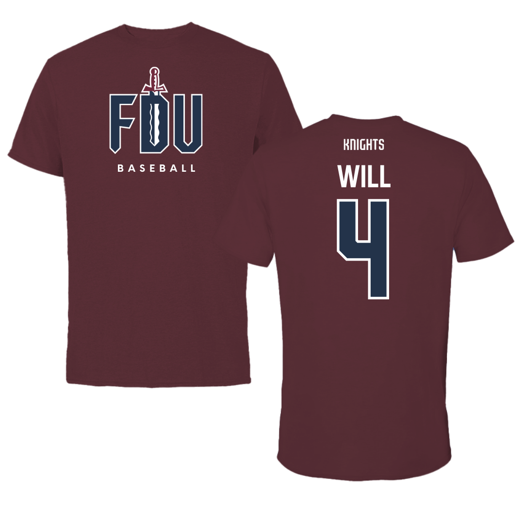 Fairleigh Dickinson University-Metropolitan Campus Baseball Maroon Performance Tee - #4 Zack Will