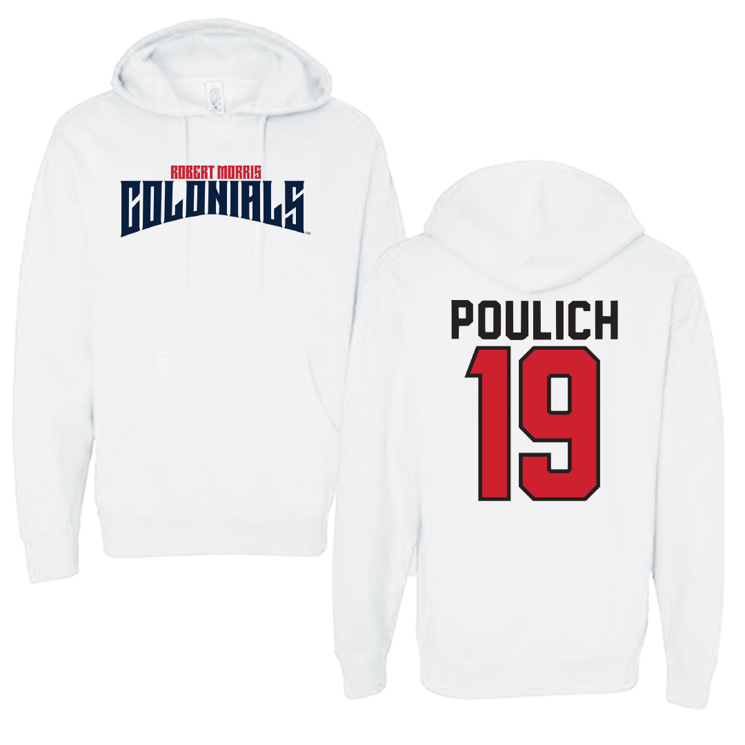 Robert Morris University Softball White Classic Hoodie - #19 Courtney Poulich