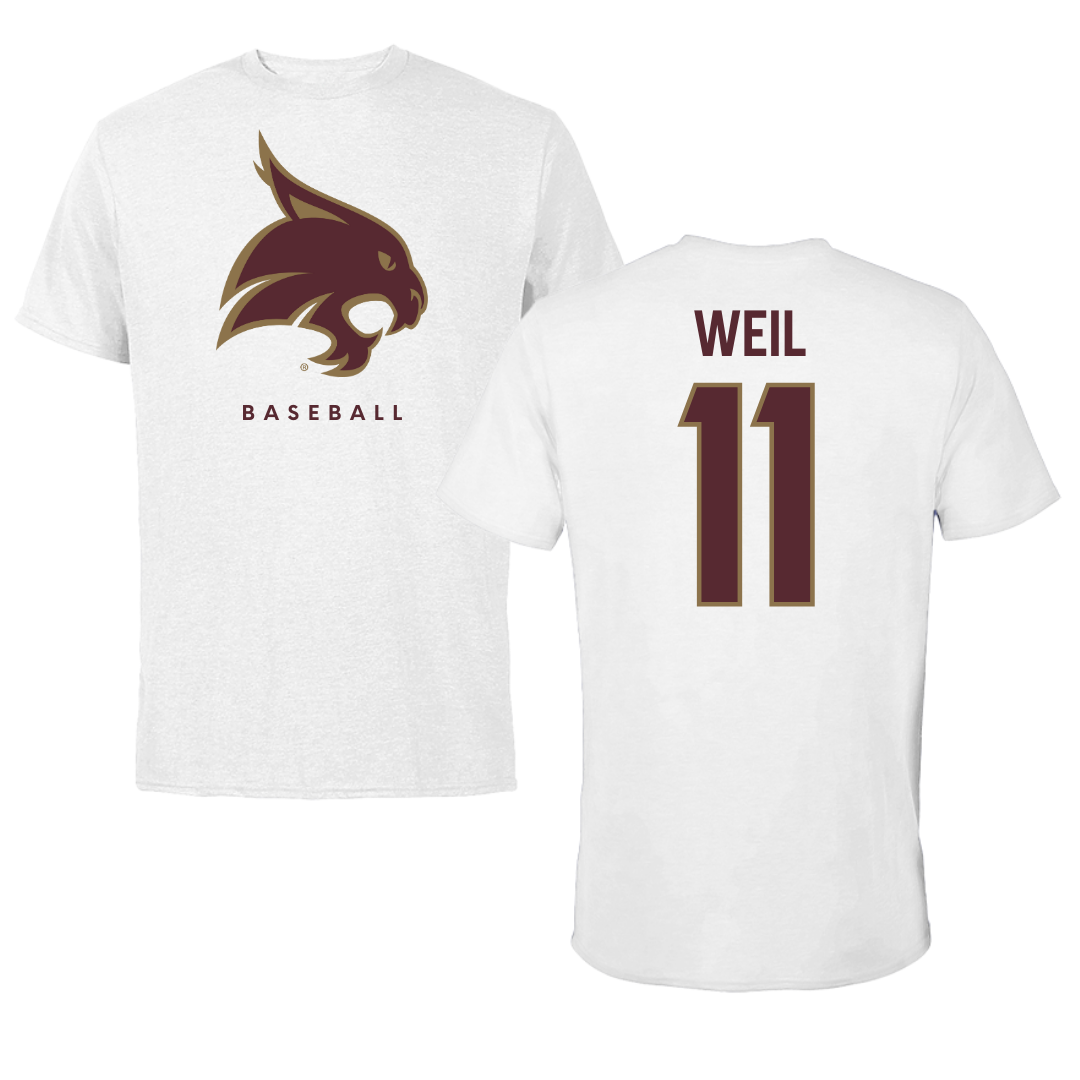 Texas State University Baseball White Performance Tee - #11 Kameron Weil
