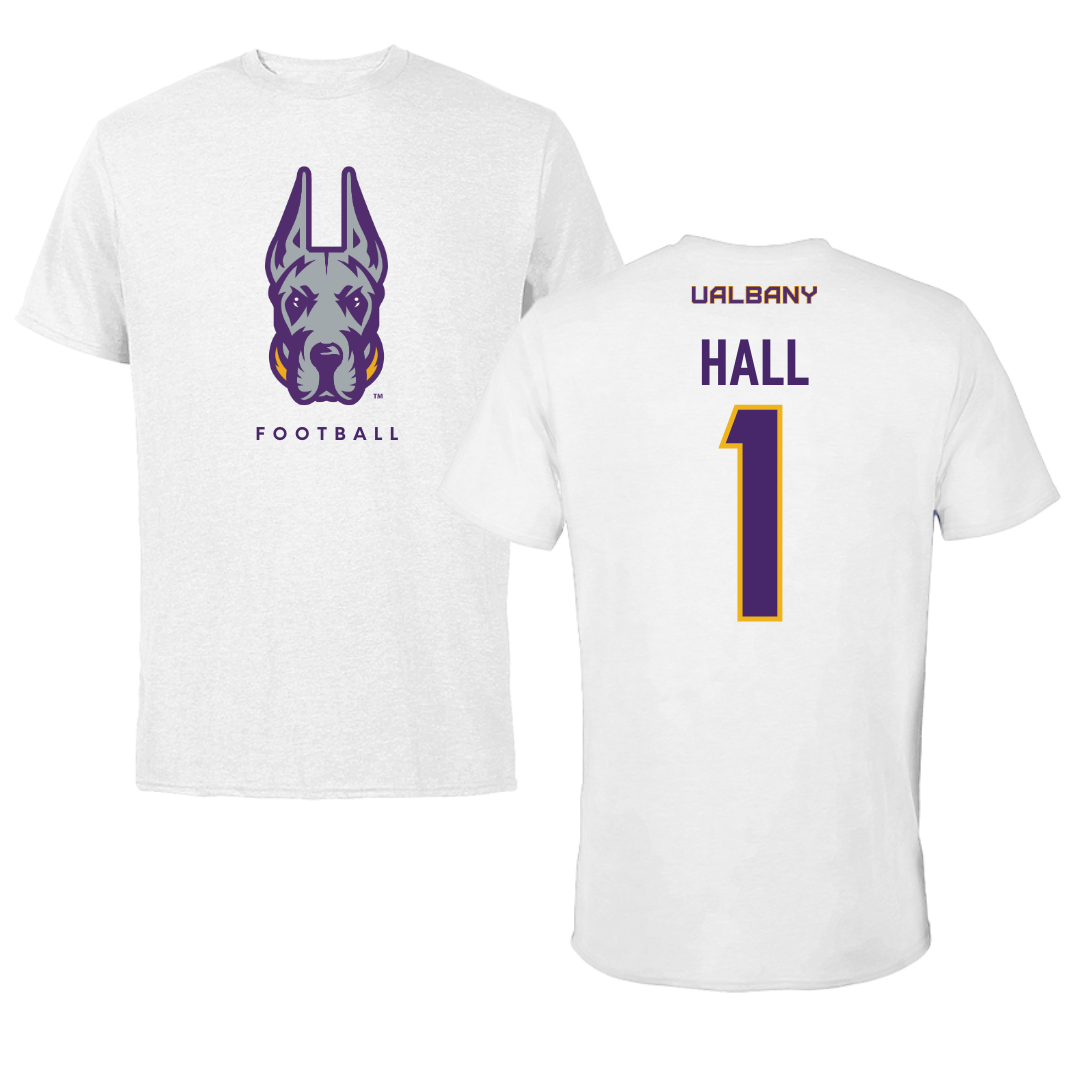 University at Albany Football White Mascot Tee - #1 Aamir Hall