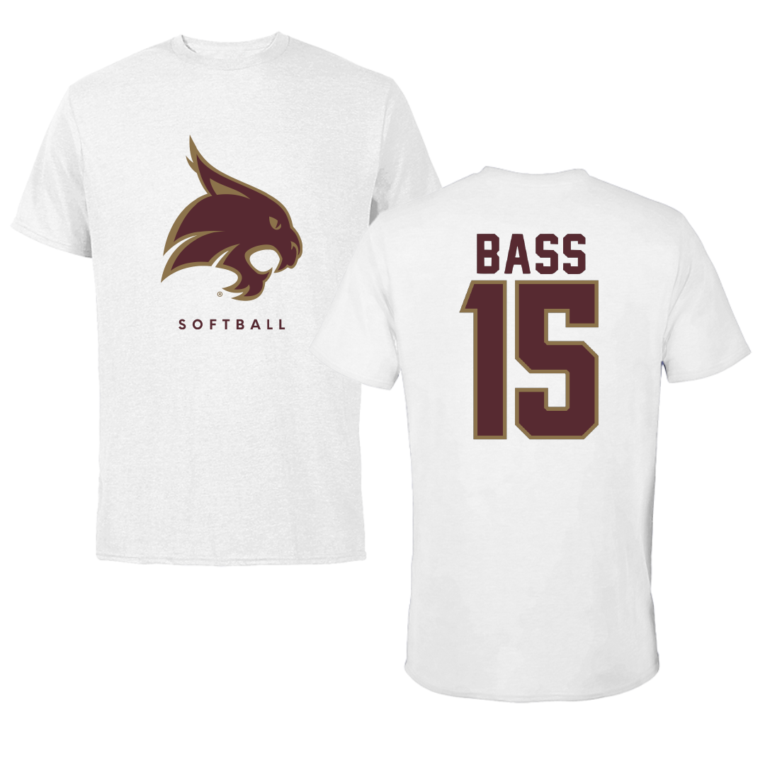 Texas State University Softball White Performance Tee - #15 Karmyn Bass